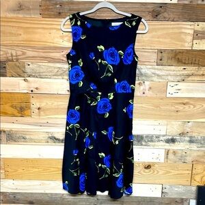 Gardenwed size Medium Black with Blue Floral and Green Leaves Sleeveless Dress
